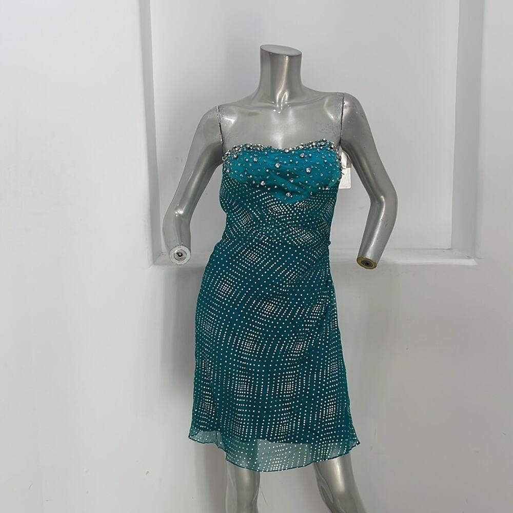 Interlude Couture Collection Strapless Beaded Silk Teal Mini  Dress Size 6 New